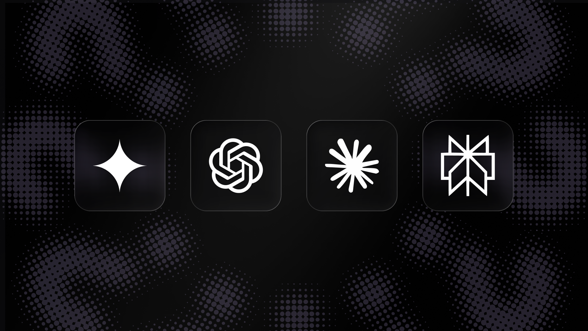 Cover image for the Product.ai AI Shopping Divergence Study, showing the four AI shopping engines tested, Gemini, ChatGPT, Claude, and Perplexity, as white logo marks on dark tiles over a halftone-dot field.